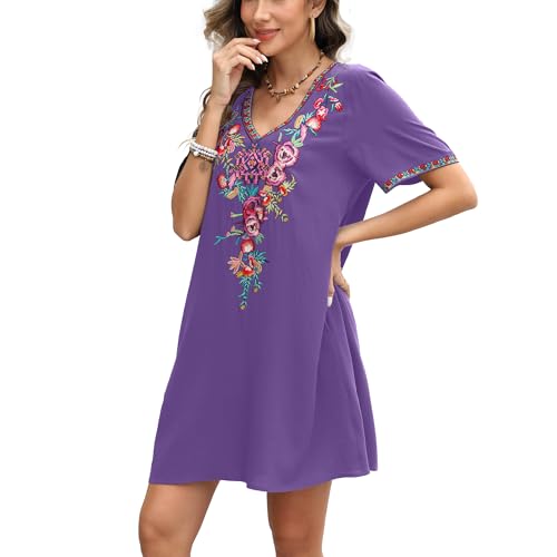 Image of Grosy Fiesta Embroidered Mexican Dress for Women Beach Vacation Plus Size Short Sleeve Summer Boho Dresses with Pocket