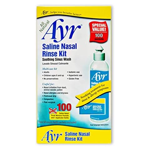 Ayr Saline Nasal Rinse Kit Soothing Sinus Wash, 100-Count Saline Nasal Rinse Mixture Packets Plus Applicator Bottle (Pack of 2), 202 Piece Set Cover