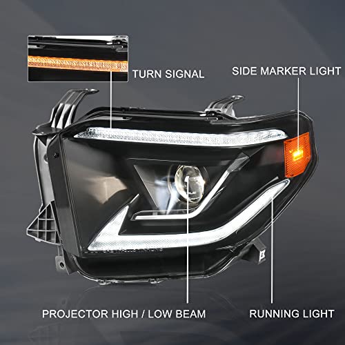 Mostplus Full Led Headlight Assembly Compatible With 2014-2021 Toyota Tundra Led Drl Model With Black Housing , Black Lens（Set Of 2） #TOP1