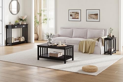 Choochoo EUR-CT19003-BK Mission Coffee Table, Black Wood Living Room Table thumb #2