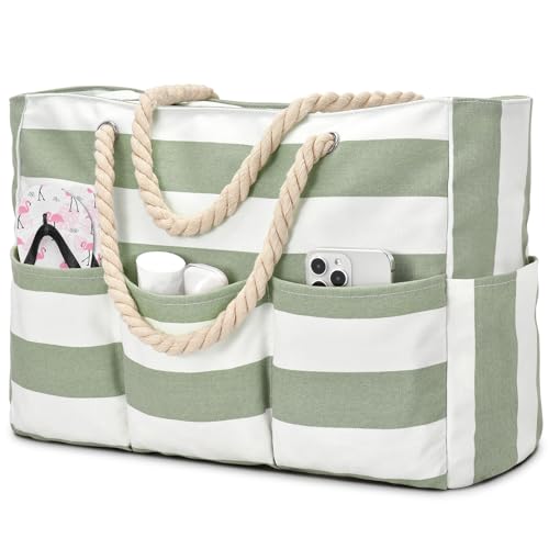 Becokan Canvas Large Beach Tote with 7 Pockets