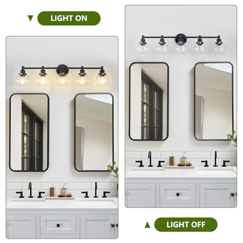 Image of 5-Light Bathroom Light Fixture Black Vanity Lights Over Mirror Modern Wall Sconce Farmhouse Vintage Bathroom Vanity Lighting with Glass Shade for Bedroom Hallway Cabinet Bathroom