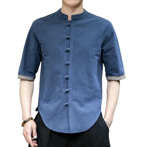 Chemise coton et lin homme coupe ajustée légère style traditionnel chinois