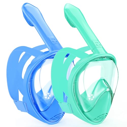Kids Snorkel Mask Full Face, Snorkeling Gear for Kids 2-14 with Camera Mount, 180 Degree Panoramic View Snorkeling Set Anti-Fog Anti-Leak (Blue+Cyan)