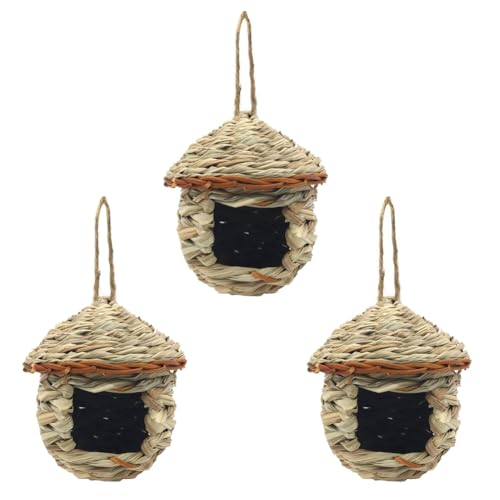 3PCS Natural Grass Houses for Hummingbird Outside Hanging Bird Hut Hand Woven Nest Large Wren Finch Bird House for Garden Window Outdoor Home Decoration (Room Shape)
