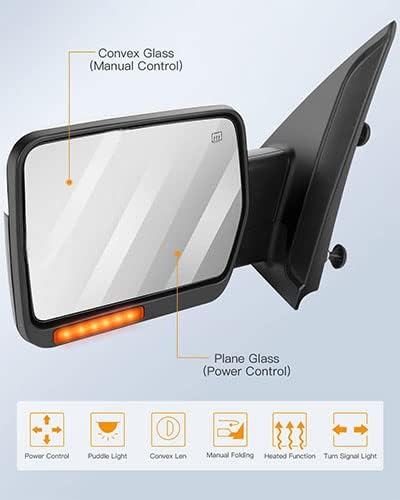 Towing Mirrors Fit 2004-2014 For Ford for F150, Left and Right Side Tow Mirrors with Power Control Heated & Turn Signal & Puddle Light Chrome 2004-14 For F-150 (A Pair) Manual Fold Towing Mirror-Heated & Puddle Light & Turn Signal Indicator