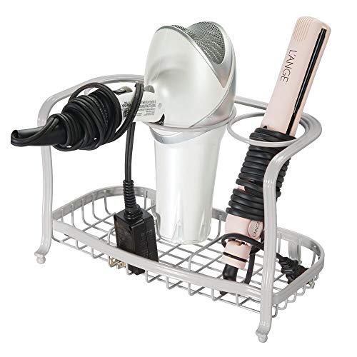 mDesign Metal Hair Care & Styling Tool Organizer Holder - 3 Sections - Bathroom Vanity Countertop Storage for Hair Dryer, Flat Irons, Curling Wands, Hair Straighteners - Light Gray