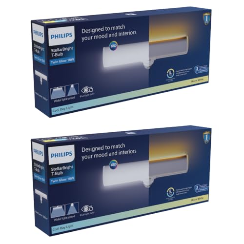 Image of Philips 10-watt Twinglow LED T-Bulb | LED UP-Down T-Bulb (Warm White + Cool White) for Home & Decoration | Bulb Base : B22, Pack of 2