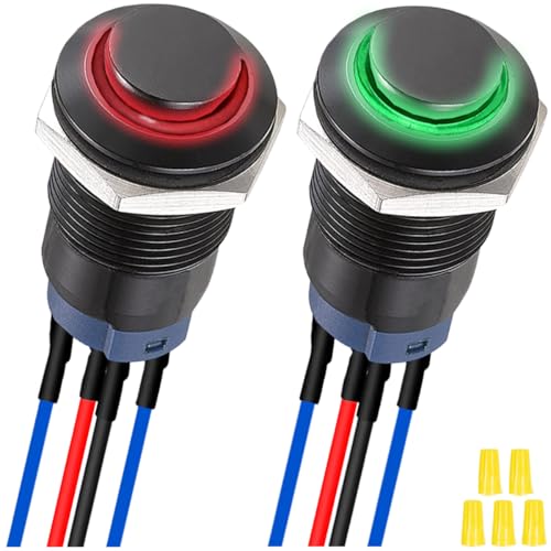 MKBKLLJY 2Pcs 12mm Latching Red/Green LED Push Button Switch Black Metal Shell IP65 Waterproof 12V 24V 3A DC SPST 2Position Self-locking ON OFF Switch with Pre-wired Wires and Wiring Cap for Car