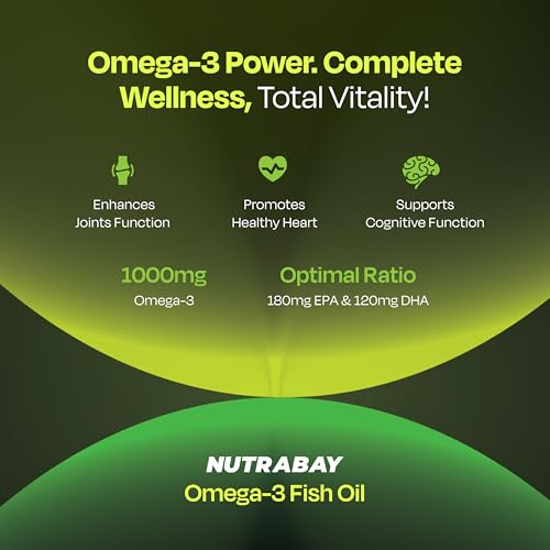 Image of Nutrabay Wellness Omega 3 Fish Oil 1000mg per Capsule, 180mg EPA, 120mg DHA - Vision, Memory, Heart, Skin & Hair Support, No Fishy Aftertaste - 60 Softgel Capsules | Tested for Purity | 100% Authentic