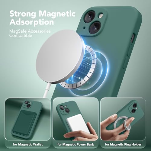 Image of Magnetic for iPhone 13 Case, Compatible with MagSafe, [Full Camera Protection][Screen Protector] Silicone Shockproof Protective Phone Case for iPhone 13 6.1 inch, Midnight Green