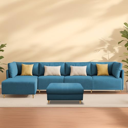 Image of Carina LHS 6 Seater L Shape Sofa Set with Center Table for Living Room (Turquise Fabric) Premium Fabric Sofa