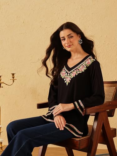 Image of QAZMI Women's Floral Aari Embroidered Viscose Rayon V-Neck Full Sleeves Short Kurti