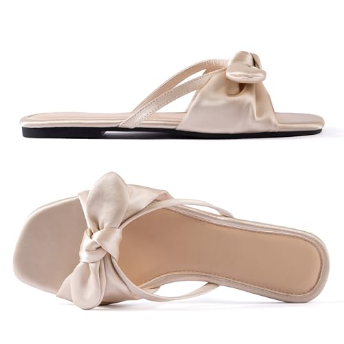 Mtzyoa Women Flat Sandals Bow Satin Ladies Summer Dressy Casual Vacation Bohemian Cute Leather Fashion Comfy Slip On Slides2
