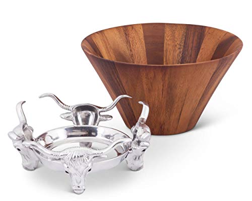 Arthur Court Designs Acacia Wood Salad Bowl with Aluminum Longhorn stand 12\" Diameter
