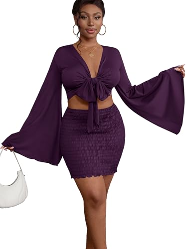 Image of LYANER Women 2 Piece Vacation Outfits Tie Knot Front Bell Long Sleeve Crop Top and Mini Skirt Summer Set
