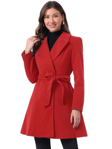 Image of Allegra K Winter Pea Coats for Women Shawl Lapel Overcoat Single Breasted Belted Long Trench Coat Medium Red