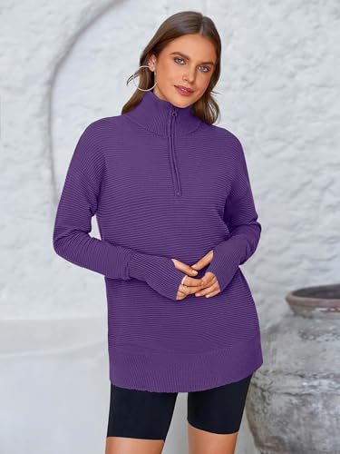 Image of PRETTYGARDEN Womens Long Sleeve Quarter Zip Pullover Sweater | Casual Loose V Neck Sweaters with Thumb Hole, Collared Ribbed Knit Jumper Tops, Oversized Tunic Tops, Fall Outfits 2026