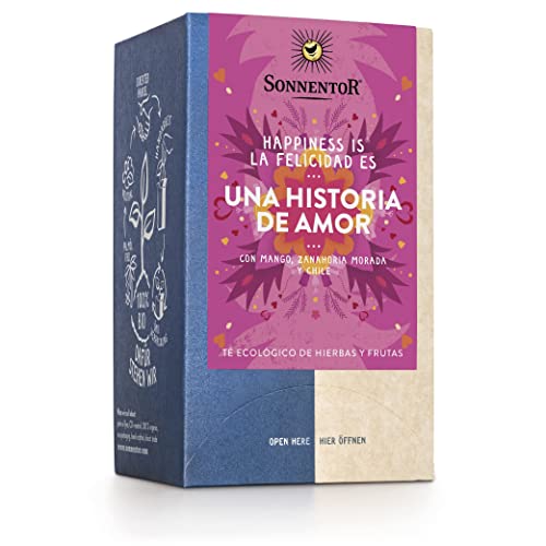 Sonnentor - Happiness is® UNA HISTORIA DE AMOR Té con mango, zanahoria morada y chile BIO 36g - bolsitas | Pack de 6 cajas Cover