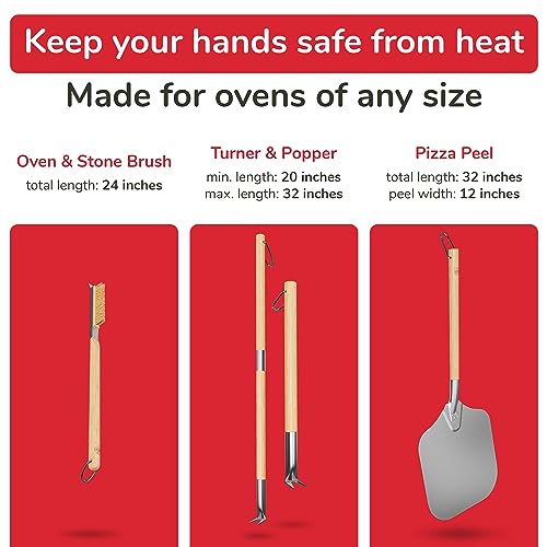 Pizza Oven Accessories Set - 3 Piece Pizza Making Kit with Pizza Peel, Pizza Oven & Stone Brush with Scraper, Turning Fork & Bubble Popper - Tools for Indoor Outdoor Brick Wood Gas Ovens