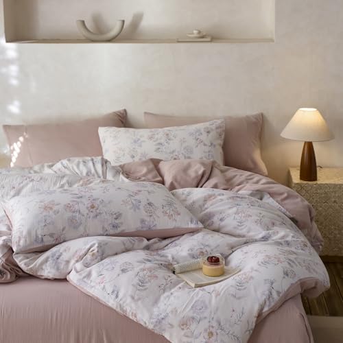 VM VOUGEMARKET Garden Flower Duvet Cover Set Queen,Lyocell & Cotton Bedding Set with Flower Pattern,Breathable & Cool Comforter Cover for Summer (Blush Pink,90x90 Inch)