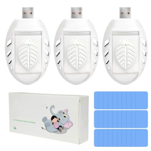 Nazaz Enchufe Antimosquitos USB con 30 Pastillas, 3 Difusores Eléctricos Portátiles para Casa Dormitorio Oficina Camping Viaje, Repelente de Mosquitos Interior y Exterior (3, White)