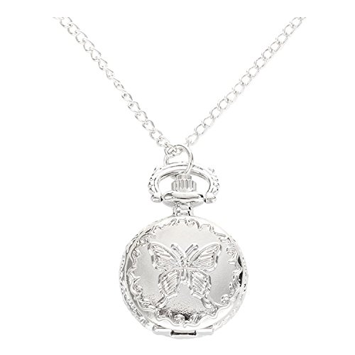 Collier Pendentif En Forme De Montre À Gousset- Sautoir Motif Papillon En Relief .Couleur Métal Argenté