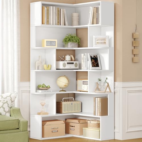 Hzuaneri Corner Bookshelf, 6-Tier Corner Bookcase with Baffles, Freestanding L-Shaped
