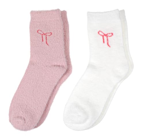 Yuanan Women Fuzzy Socks, Thick Fluffy Slipper Socks with Bows, Soft Spa Home Sleeping Socks（Pink, White）