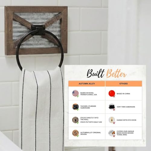Autumn Alley Farmhouse Decor Hand Towel Ring for Bathroom - Rustic Towel Holder/Rack, Wall Mounted, Mix of Wood, Galvanized Metal & Black Ring