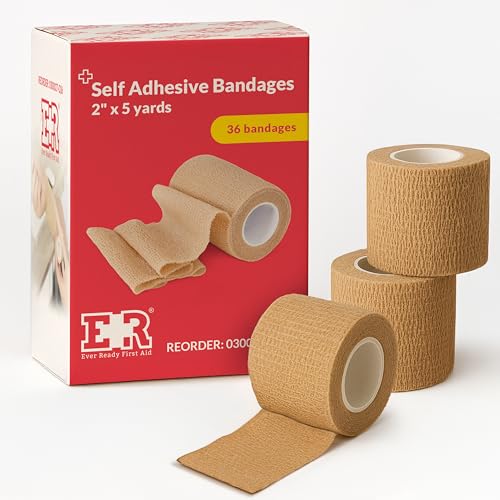 Image of Ever Ready First Aid Self Adherent Cohesive Wrap Bandages, 2 inch x 5 Yards for First Aid, Sprains, Swelling, Sports, Pets, Tan - 36 Count
