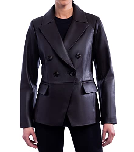 Anne Klein Women's Double Breasted Peacoat Genuine Leather Jacket
