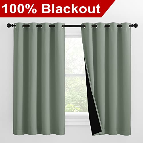 Image of NICETOWN 100% Blackout Curtains 57 inches Long, Double-Deck Completely Blackout Window Treatment Thermal Insulated Lined Drapes for Small Window (Greyish Green, 1 Pair, 55 inches Width Each Panel)