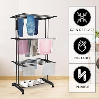 Vonia Étendoir à Linge Intérieur 3 Niveaux, Séchoir à Linge Pliable Vertical, Tour de Séchage Peu Encombrante, 72 x 50 x 172 cm, Noir