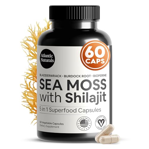 Atlantic Naturals Irish Sea Moss and Shilajit Capsules for Men & Women | 5-in-1 Seamoss Shilajit Combo with Bladderwrack, Burdock Root & Black Pepper for Absorption & Vitality - 2705mg 60 Servings
