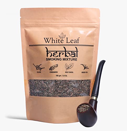 White Leaf Tobacco & Nicotine Free Smoking Mixture with 100% Natural Herbal Smoking Blend 1 Pack (3.5 Oz/ 100G) with Wooden Pipe