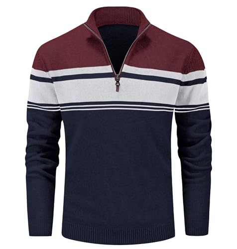 MAGCOMSEN Men's Sweaters 1/4 Zip Cotton Sweater Pullover Polo Sweaters Striped Fall Winter Warm Sweatshirts
