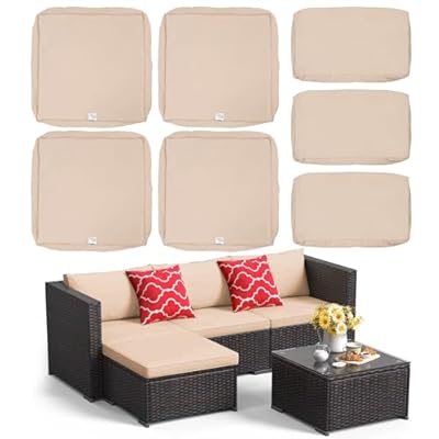 ClawsCover 7Pack Outdoor Seat and Back Cushions Replacement Covers Fit for 3/5 Pieces 4-Seater Wicker Rattan Patio Furniture Conversation Set Sectional Couch,Light Khaki-Small (Include Cover Only)