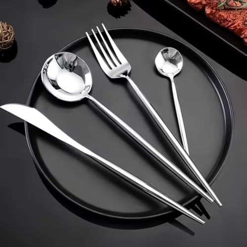 Image of 12 Pcs Silver Slim Handle Stainless Steel Cutlery Set for Dining Table with Spoons and Forks Set + Butterknives - The Perfect Tableware /Flatware
