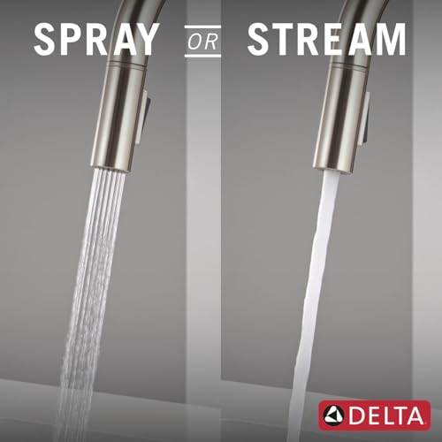 Image of Delta Nicoli Brushed Nickel Kitchen Faucet with Pull Down Sprayer, Modern Single Hole Kitchen Sink Faucet, Single Handle, Stainless Steel 19867LF-SS