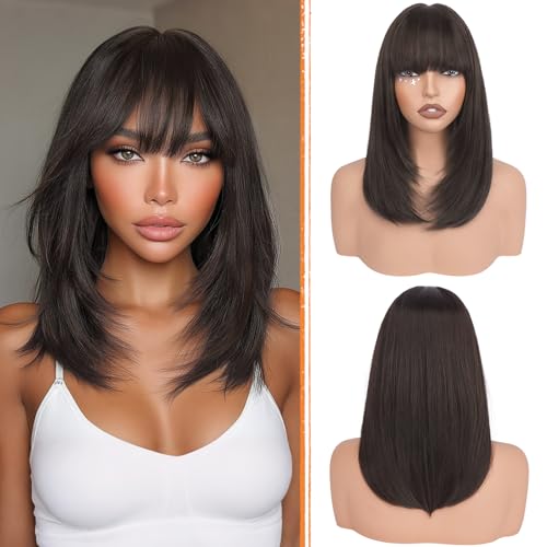 Haloo Brown Bob Wigs with Bangs Shoulder Length Straight Natural