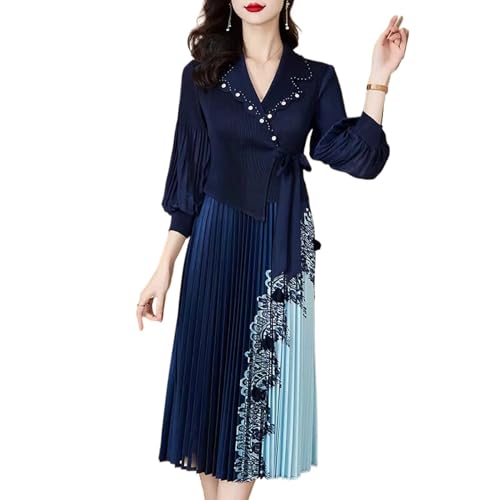 Robe de soirée plissée longue pour femme avec col en V élégant et manches longues