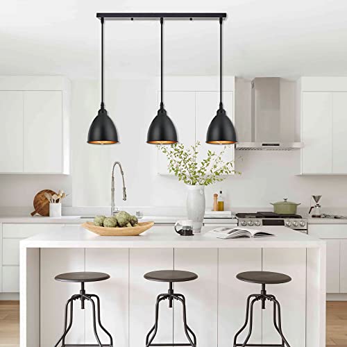 Terleenart 3-Lights Kitchen Island Pendant Light,Industrial Farmhouse Hanging Chandelier With Matt Black Metal Bell Shade Build-In Golden Color, For Dining Room Table Staircase Hallway #TOP3