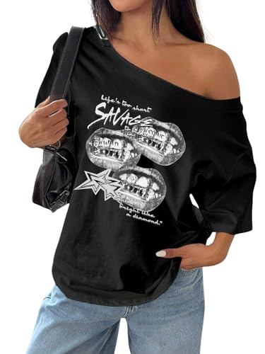 Image of SXV STYLE Women's Off Shoulder t Shirt, Savage Lips Graphic Print, Long Sleeve, White and Black