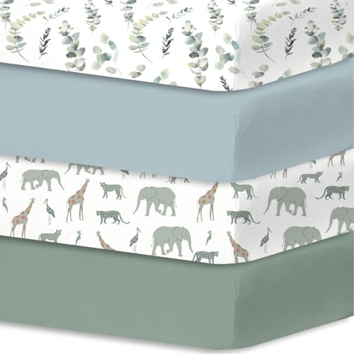 Image of Little Grape Land Crib Sheets 4 Pack for Boys and Girls, Baby Neutral Crib Fitted Sheets for Standard Crib & Toddler Mattress, Super Soft Breathable Fitted Crib Sheet Set, Leaves & Safari