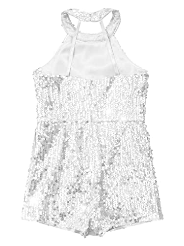 Choomomo Flower Girls Shiny Sequins Romper Halter Sleeveless Cutout Back Short Jumpsuit With Side Pockets Silver 10 Years #TOP3