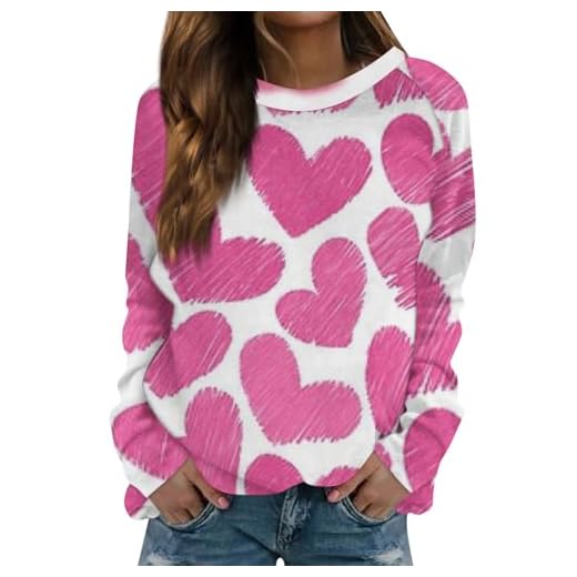 YUTANRAL Today Deals Prime Valentines Day Gifts Sweatshirt for Women Crrewneck Long Sleeve Shirts Trendy 2024 Valentine Heart Sweater Plus Size Tops Y2k Clothes(1b-Hot Pink,Medium)