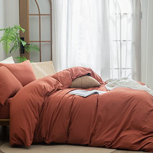 Image of BESTOUCH Cotton Solid Duvet Cover Set Linen Feel Crimson Red Queen | 100% Washed Cotton, Soft Wrinkle Texture, Hidden Zipper, 8 Ties, Breathable Lightweight Durable Comfy, 3 Pcs No Insert