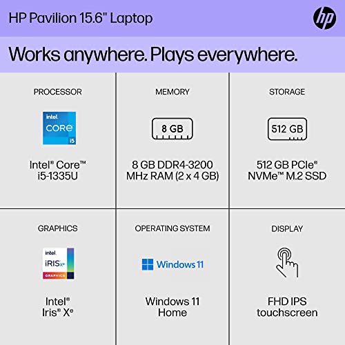 Image of HP Pavilion 15 inch Laptop, FHD Touchscreen, 13th Generation Intel Core i5-1335U, 8 GB RAM, 512 GB SSD, Intel Iris Xe Graphics, Windows 11 Home, 15-eg3010nr (2023)