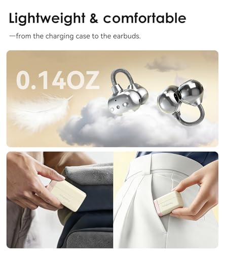 King Lucky Open-Ear Clip-On Earbuds for Running, Bluetooth 6.0 Wireless Headphones with Memory Spring, Secure Fit for Small Ears & Glasses Wearers, 45H Playtime, ENC Mic, IPX5 Waterproof (White) — view 5